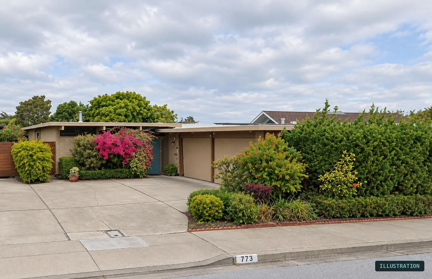 Illustration of a single-storey house with a concrete-block wall below the glazing line and flowering bougainvillea against it.