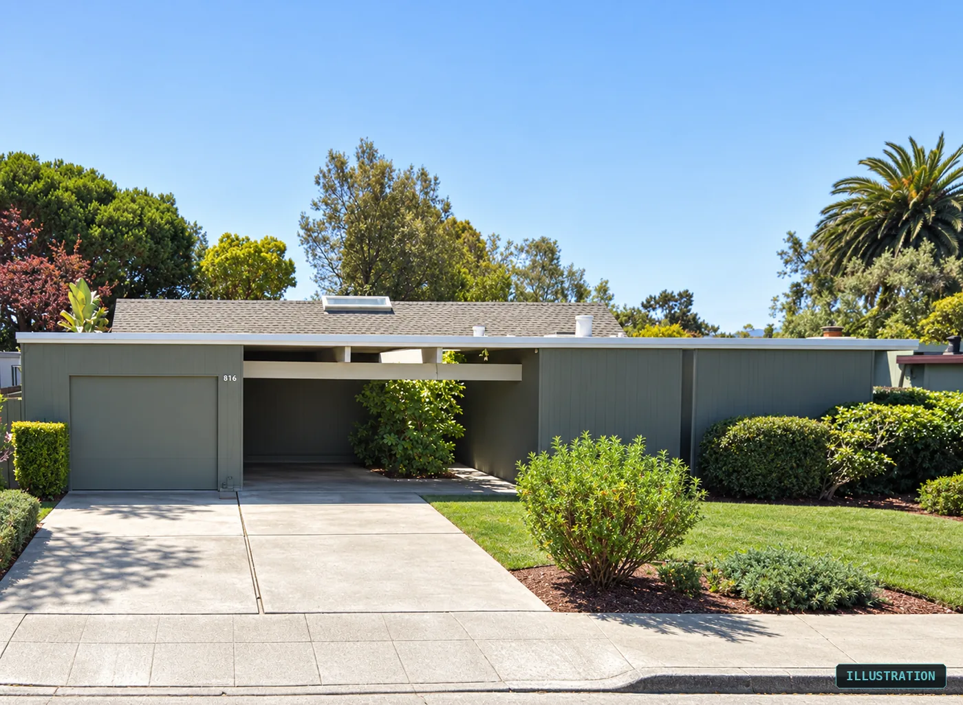 A garage and an open carport side by side — the pairing plan CC-13 actually draws. If you have both, that is a strong signal and a place to start.