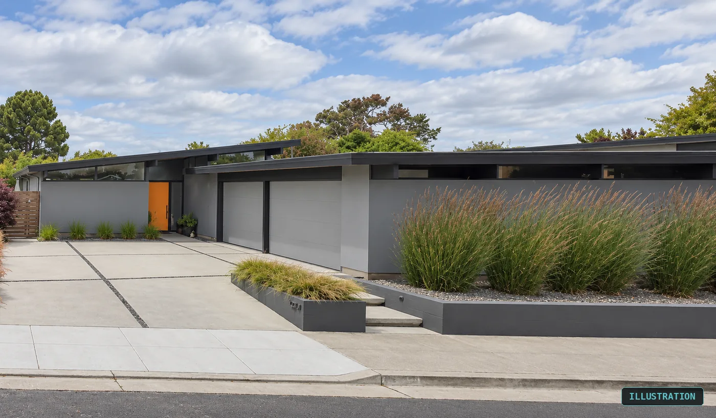 Illustration of a low-gabled single-storey house with a deep white fascia, wide eaves, vertical siding and an orange front door, with ornamental grasses along the kerb.