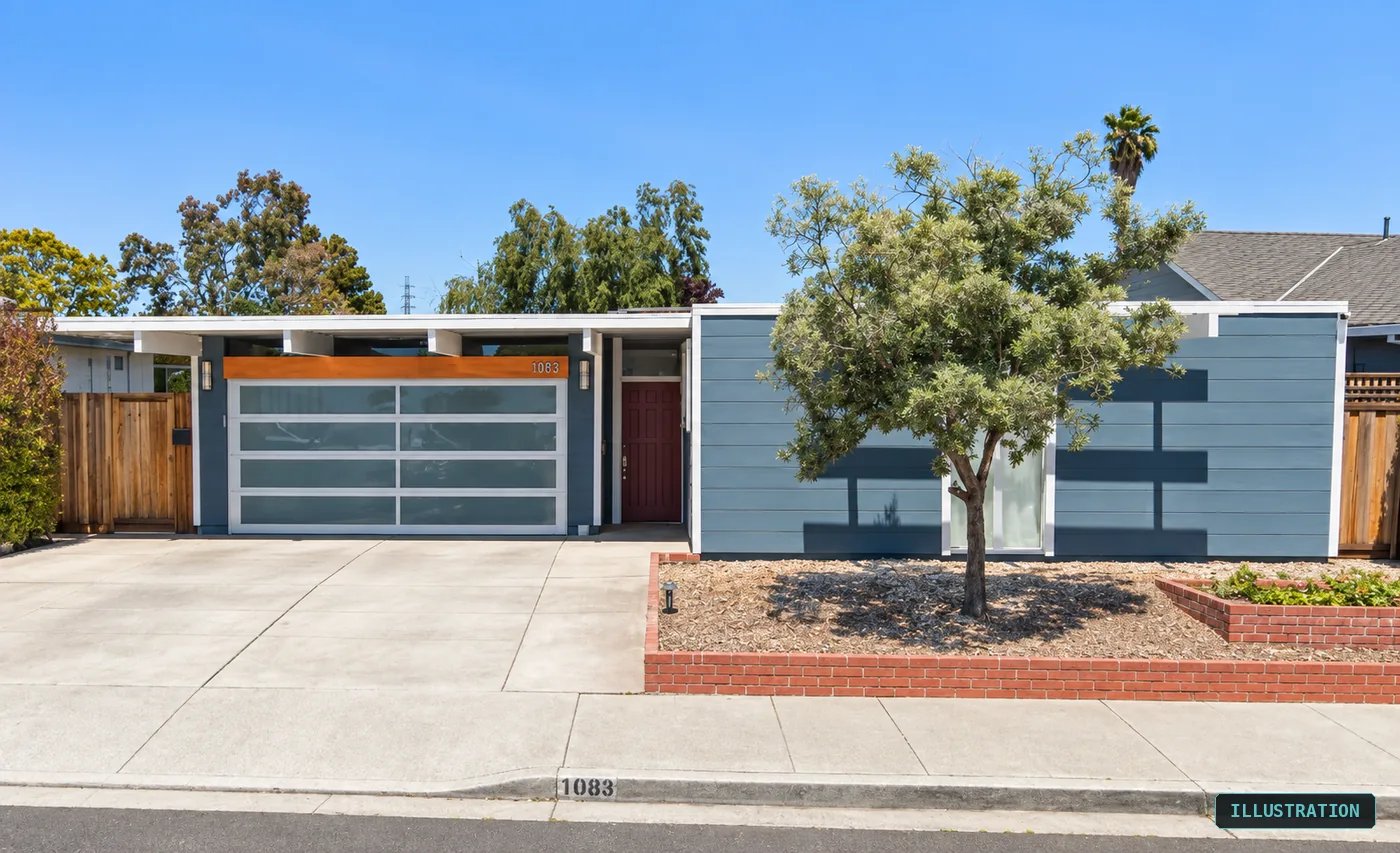 A heavily remodelled front: new garage door, new cladding, and the original roofline still legible underneath. This is the common hard case.