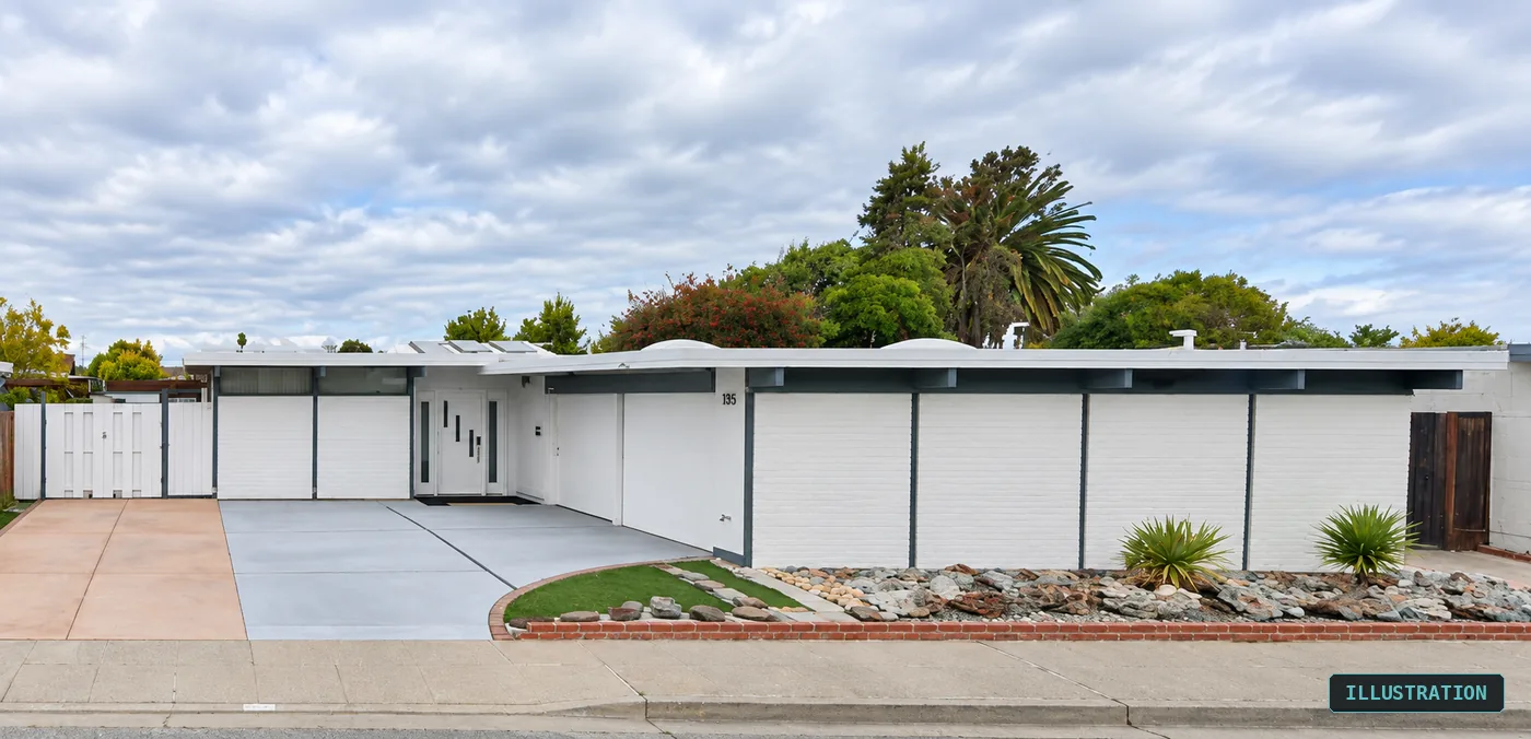 A long low run of garage doors along the street. Duc & Elliott and Kay Homes built this way here too, which is exactly the problem.