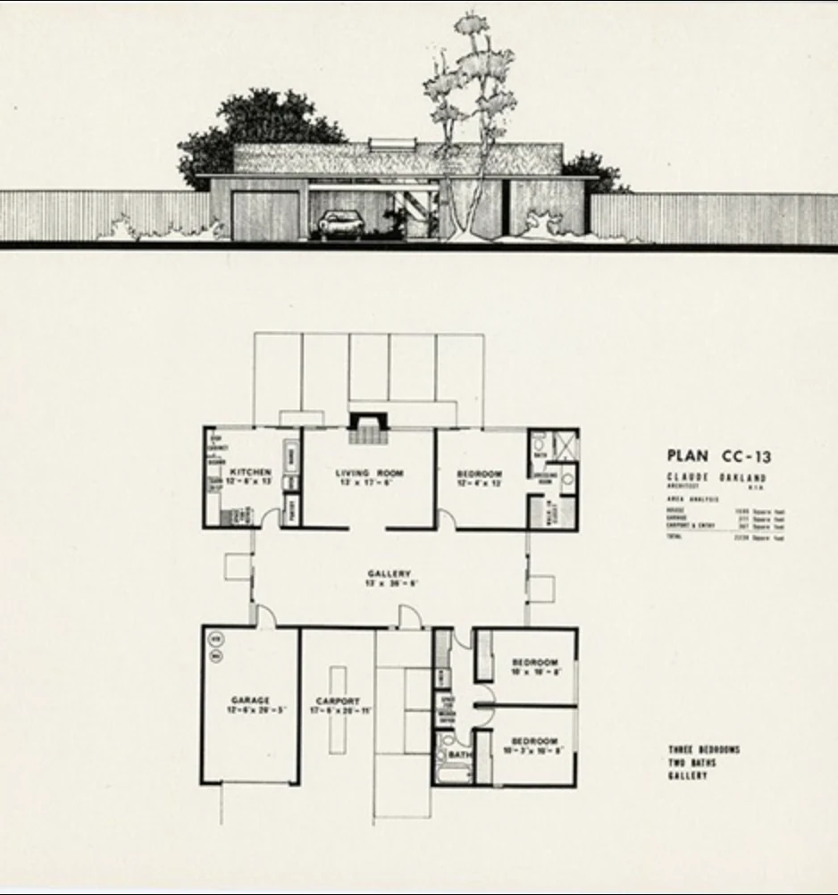 Plan CC-13 &mdash; Claude Oakland, A.I.A. Three bedrooms, two baths, and a gallery thirteen feet by thirty-six feet six inches running the length of the house. This plan has both a garage and a carport.