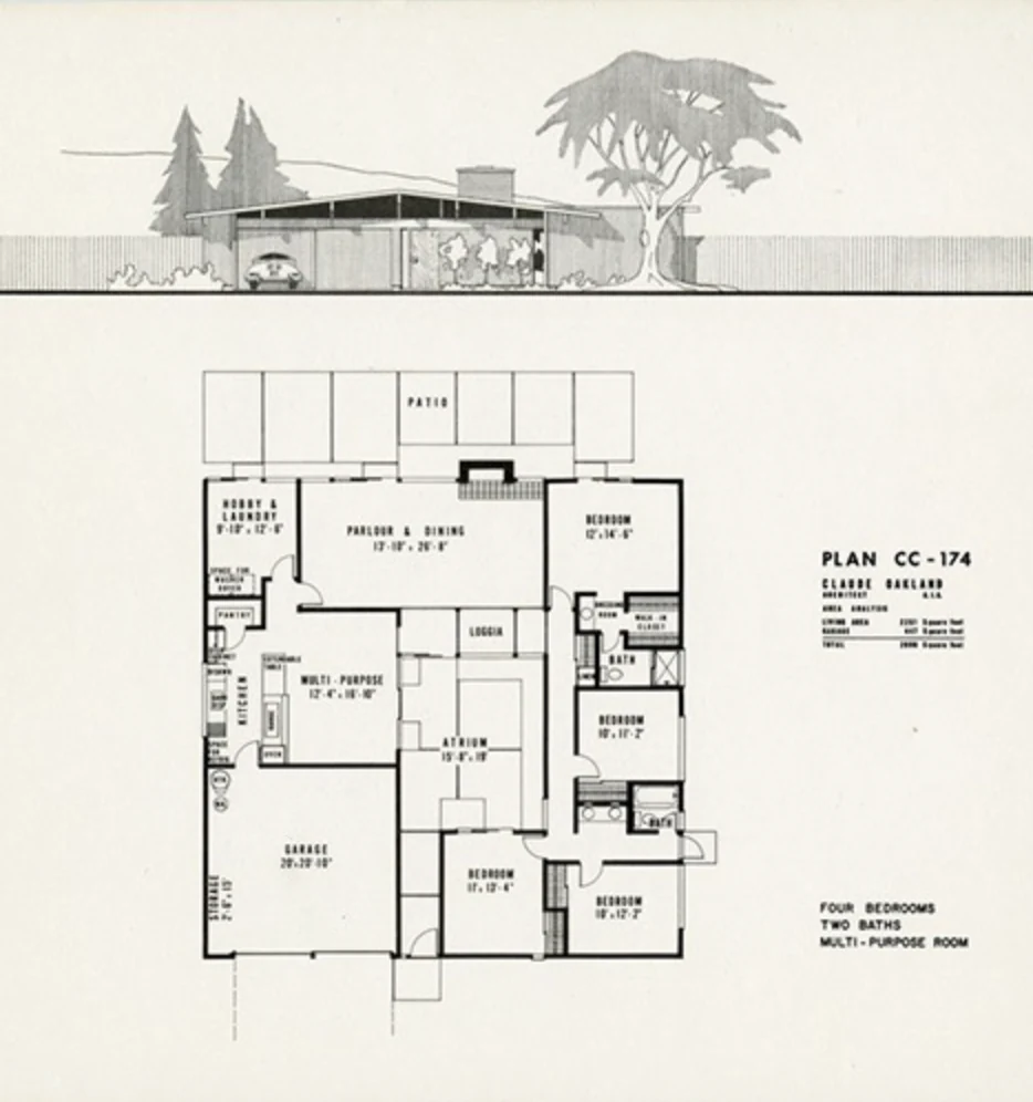 Plan CC-174 — Claude Oakland, A.I.A. Four bedrooms, two baths, multi-purpose room.