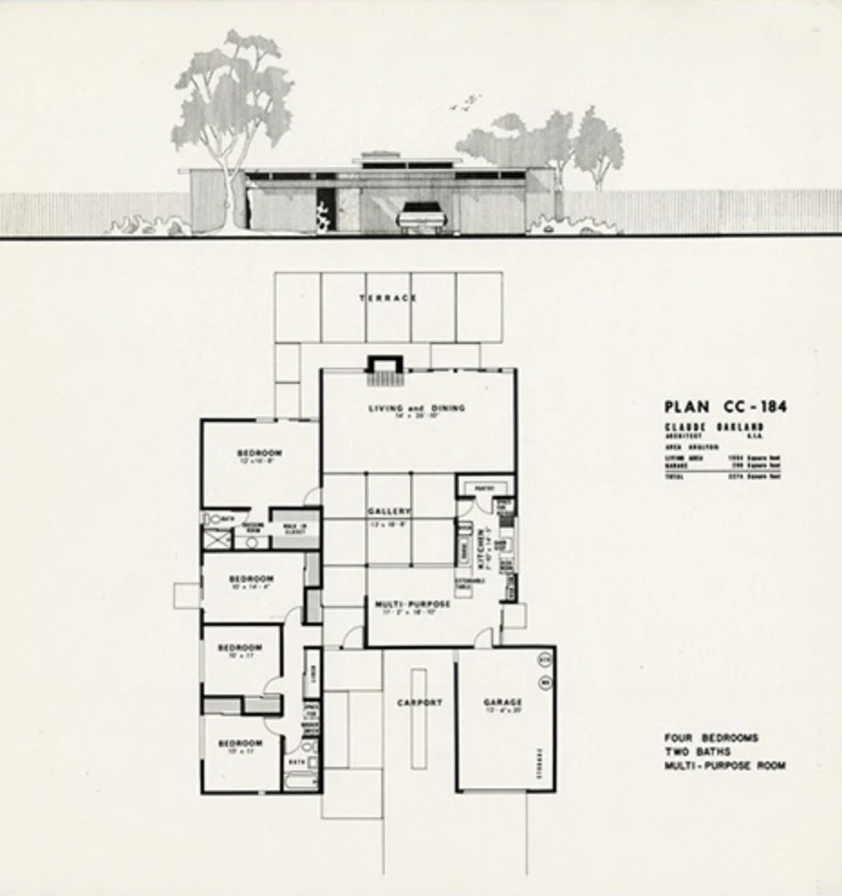 Plan CC-184 — Claude Oakland, A.I.A. Four bedrooms, two baths, multi-purpose room.