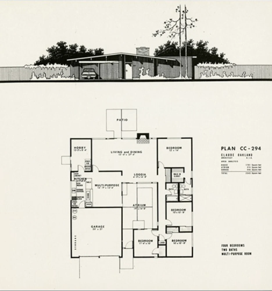 Plan CC-294 — Claude Oakland, A.I.A. Four bedrooms, two baths, multi-purpose room, with the atrium carried as its own line in the area schedule.