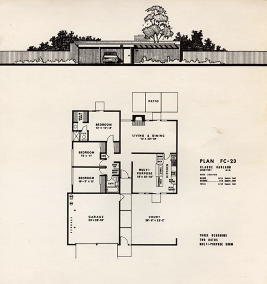 Plan FC-23 — Claude Oakland, A.I.A. Three bedrooms, two baths, a multi-purpose room and a court, with the garage pushed forward to the street.